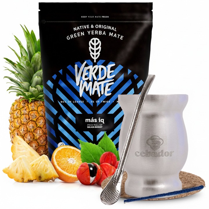 Set ceai Verde Mate Yerba Mate, Cana si accesorii incluse, Mas IQ, 500 g