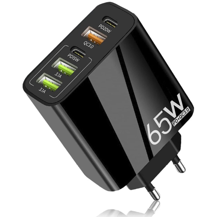 Incarcator Retea, 5 Porturi, 65W Fast Charge, 3 x USB, 2 x Type-C, Universal Multiport, Compatibil telefon, smartwatch, iPhone, Huawei, Samsung, Xiaomi, Negru