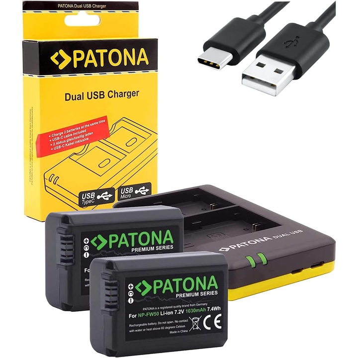 Dupla USB töltőcsomag és 2x Patona Premium NP-FW50 akkumulátor Sony NEX-3 NEX-5 NEX-6 NEX-7 készülékhez