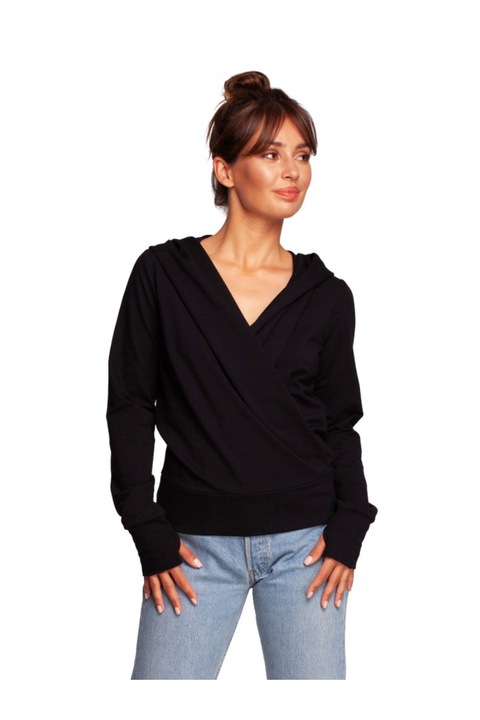 Pulover infasurat cu gluga, Bumbac/Elastan, Negru