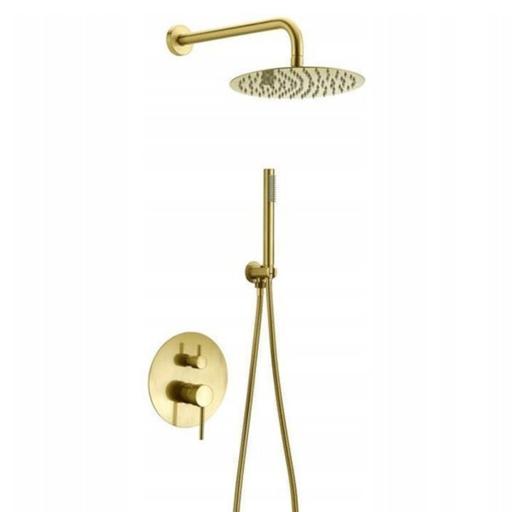 Set baterie dus S-1098G cu para rotunda de 25cm, montare perete, 2 functii de curgere a apei, dus tip ploaie, cu baterie incastrata, Auriu