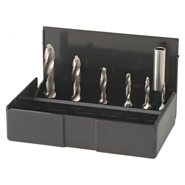 Set de Capete Combinate Burghiu-tarod, HSS, Cutie din Otel, Set 6 + 1 Piese