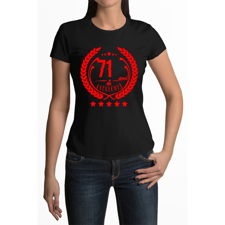 Tricou dama personalizat, negru, 70 ani de experienta, 3XL