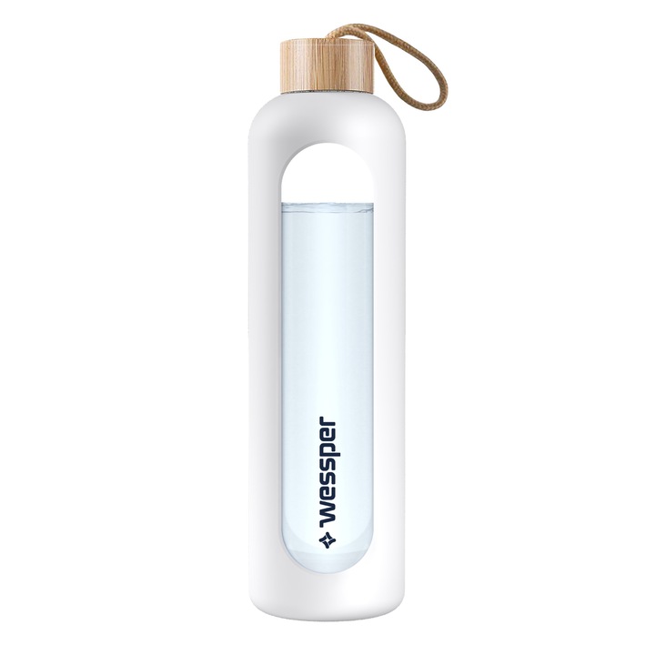 Wessper ActiveMax Crystalline sportvizes palack, Ø8 x 29,5 cm, 1L, bambusz fogantyú, BPA mentes, fehér