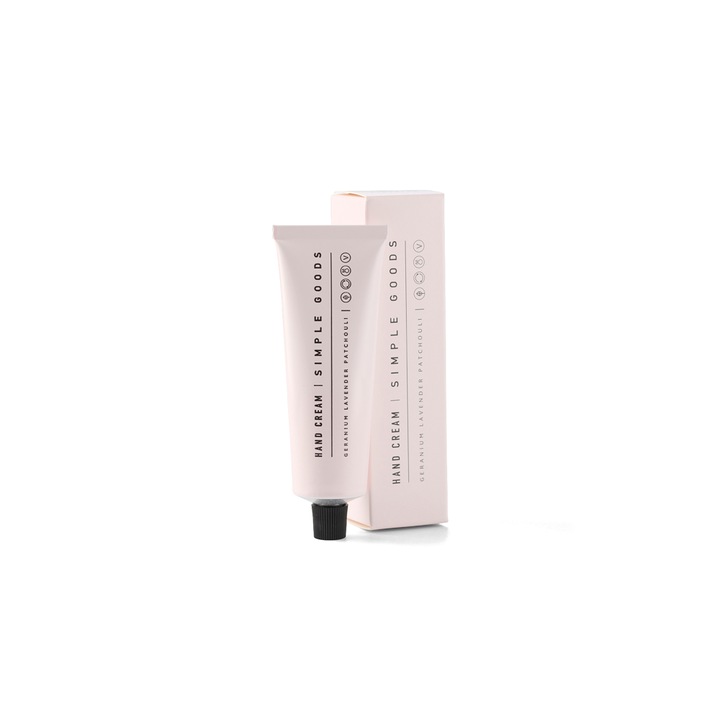 Crema de maini Simple Goods, Geranium, parfum de muscata, lavanda si paciuli, 100% vegan, ulei de migdale dulci, unt de shea, 50 ml