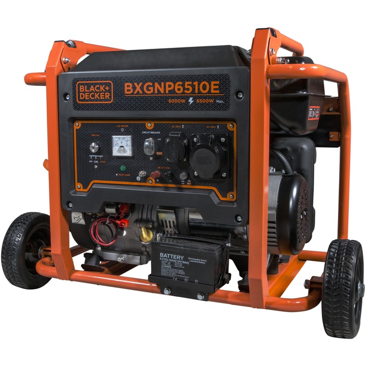 Generator curent electric Black & Decker BXGNP6510E, 6500 W, 28.2 A, 2 x 230 V, 12 V, 15 CP, 420 CC, 33 l benzina, 11 h autonomie maxima