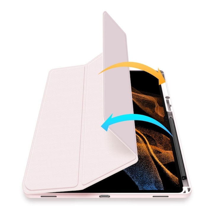 Husa Slim Sigloo, Smart Cover, Trifold, pentru Samsung Galaxy Tab S10 FE+ (SM-X620), 13.1", Spate Transparent si suport de Smart Pen, Roz