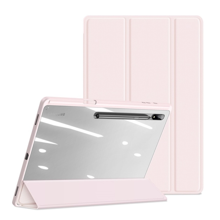 Премиум калъф за таблет Samsung Galaxy Tab S9/S9 FE, 11 инча, Sigloo, интериор от синтетична кожа, с поддръжка на Smart Pen, прозрачен поликарбонатен гръб, Розов