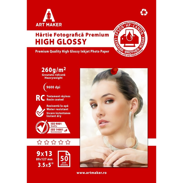 Hartie foto Art Maker, Premium High Glossy, 260g/mp, rc, 9×13 cm, 50 coli