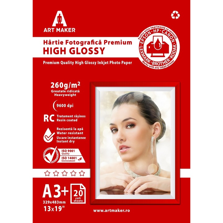 Hartie foto Art Maker, Premium High Glossy, 260g/mp, rc, A3+, 20 coli