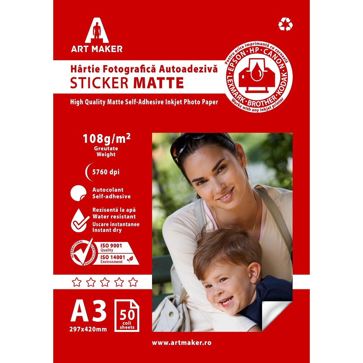 Hartie foto Art Maker, autoadeziva Sticker Matte, A3, 108g/mp, 50 coli