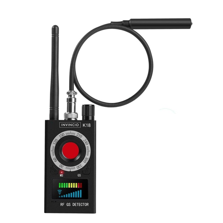 Detector profesional anti spionaj, Invincio K18, detecteaza Camere, Microfoane, Localizatoare GPS sau GSM, semnale wi-fi si dispozitive cu frecvente 1-8000MHZ, lungime 10.5 cm, negru