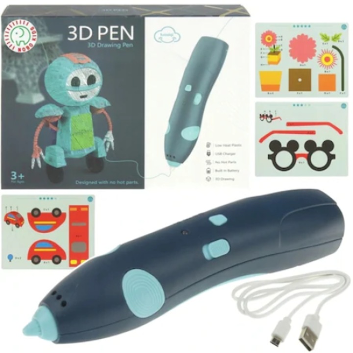 3D молив, За рисуване, Включва USB кабел, Ръководство за потребителя, Създаване на триизмерни обекти, 3 нишки, 10 шаблона, 3 години+, Син