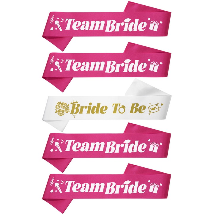 Set 5 panglici Bride to be/Team Bride, Satin, 160 cm, Alb/Roz