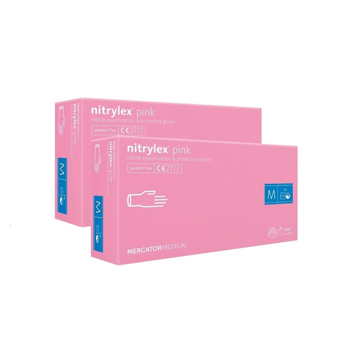 Set 200 bucati Manusi Nitrylex Pink, Nitril, nepudrate, roz, marimea M