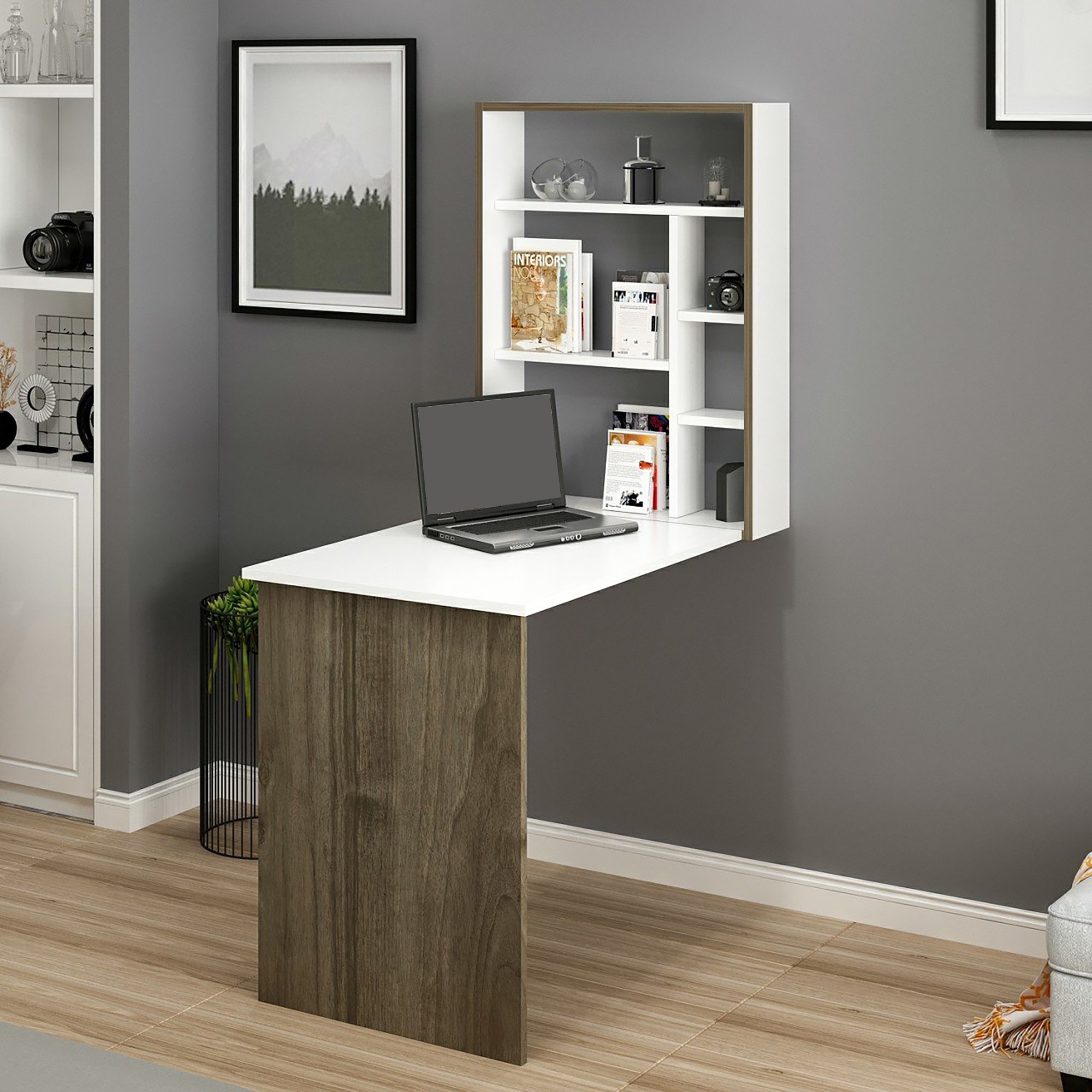 Birou, en.casa, Greve, 82 x 62 x 16 cm, pal, alb, culoarea nucului ...