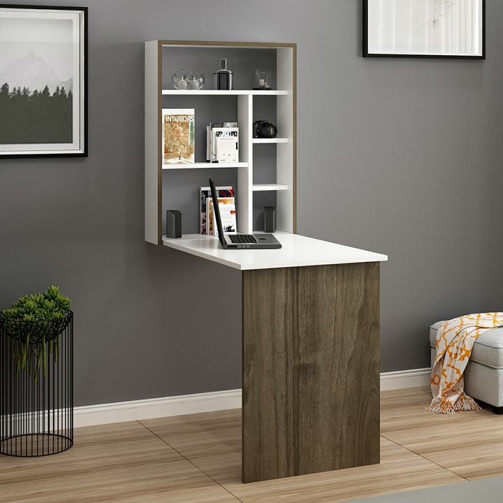 Birou, en.casa, Greve, 82 x 62 x 16 cm, pal, alb, culoarea nucului ...
