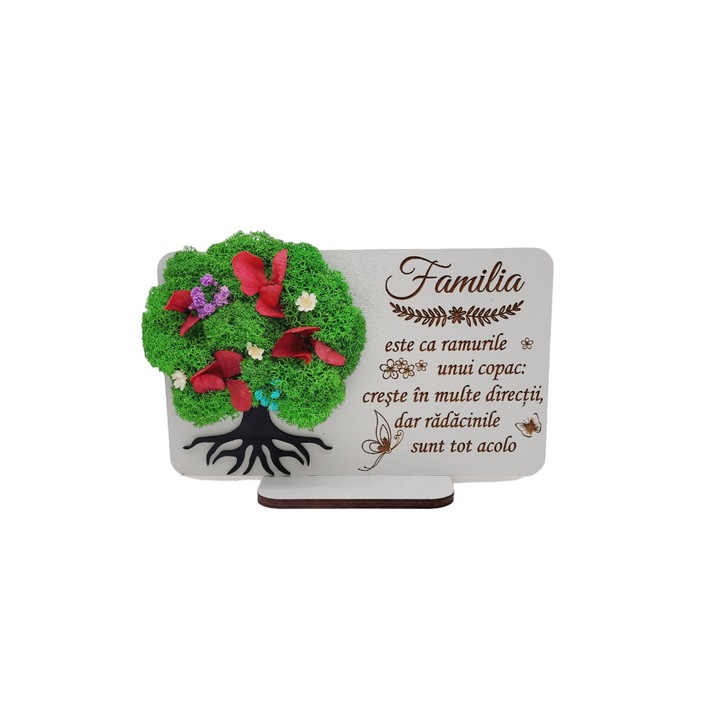 Tablou cu licheni "Familia este ca ramurile unui copac", Lemn, 20x12 cm, Model 2