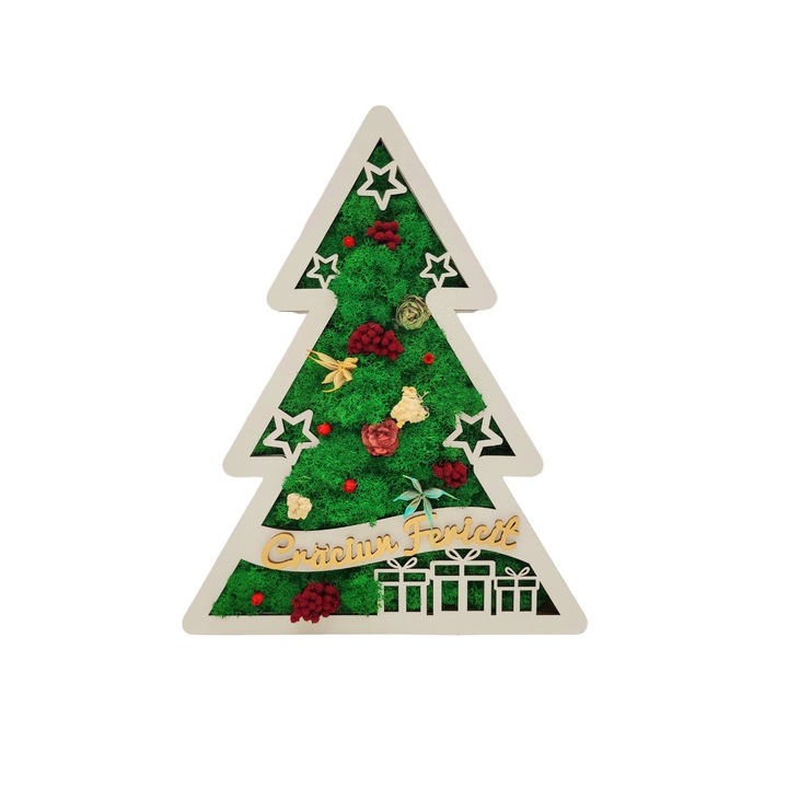 Bradut cu licheni stabilizati, gravat cu mesaj de sarbatori "Craciun Fericit", Lemn, 23x18x5 cm, Model auriu