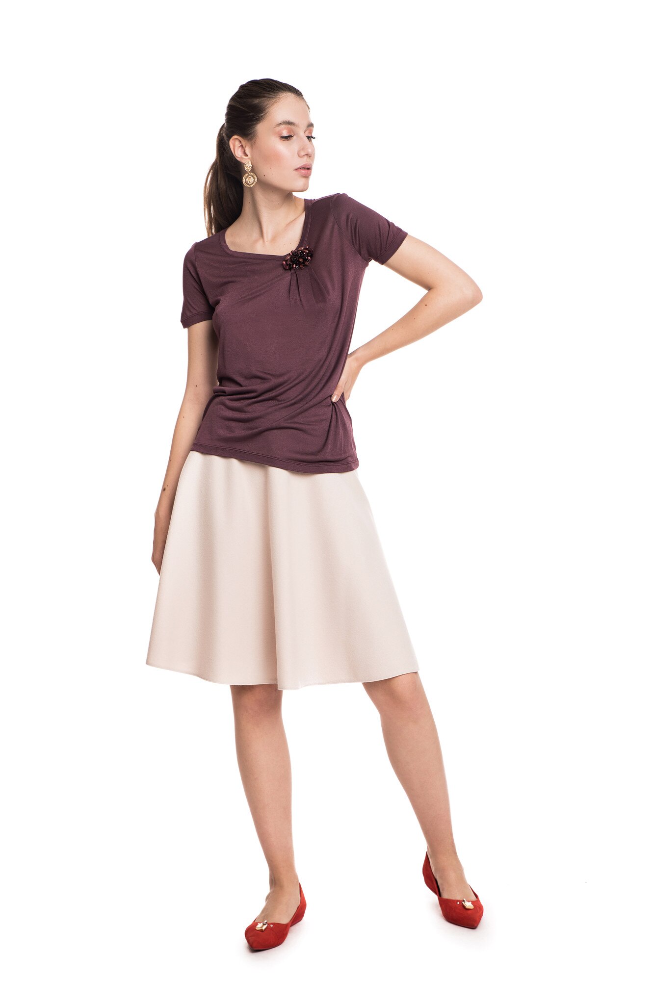 Bluza din vascoza cu accesoriu floral, Gucci, Marsala