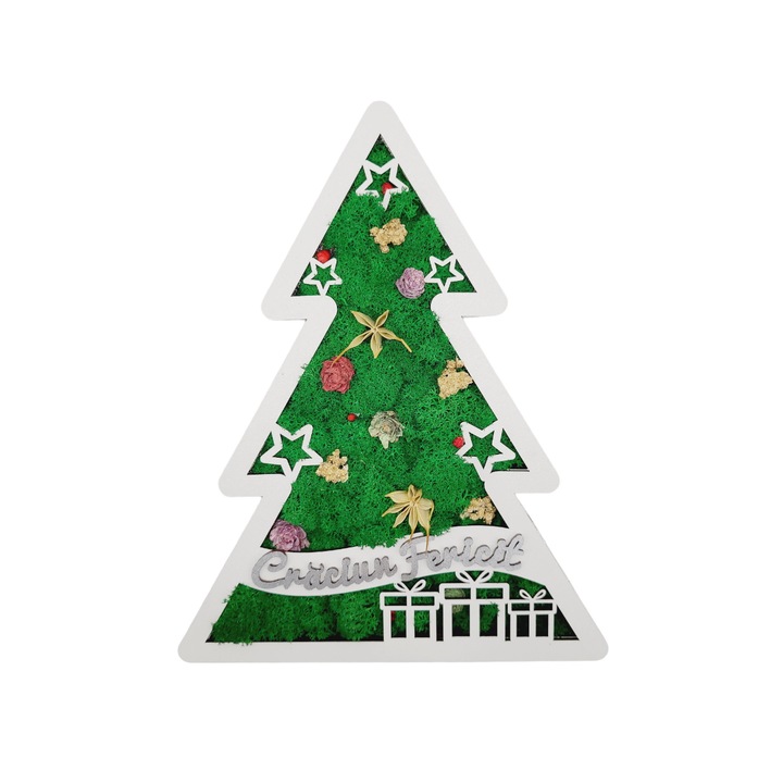 Bradut cu licheni stabilizati, gravat cu mesaj de sarbatori "Craciun Fericit", Lemn, 23x18x5 cm, Model argintiu