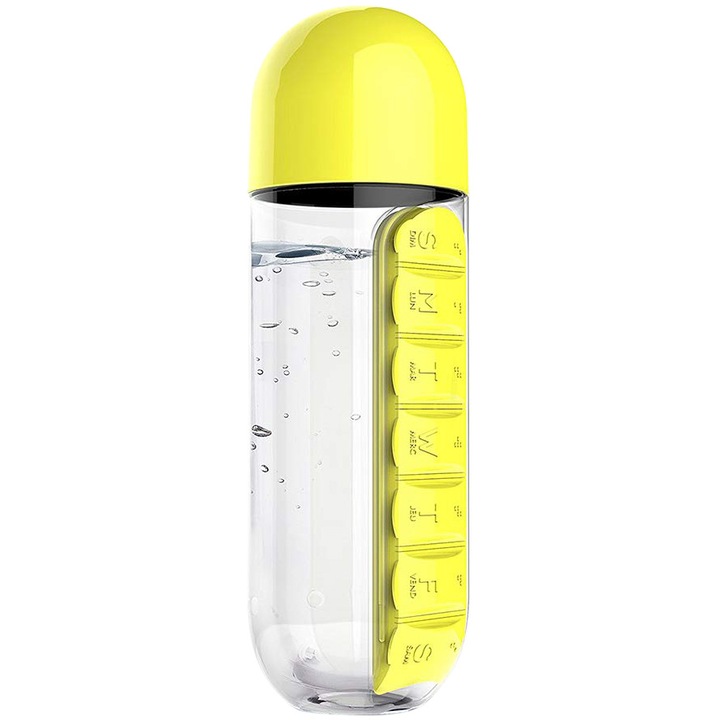Heti gyógyszeres rendszerező, beépített víztartóval 600ml, műanyag, 7,5 x 23 cm, Sárga