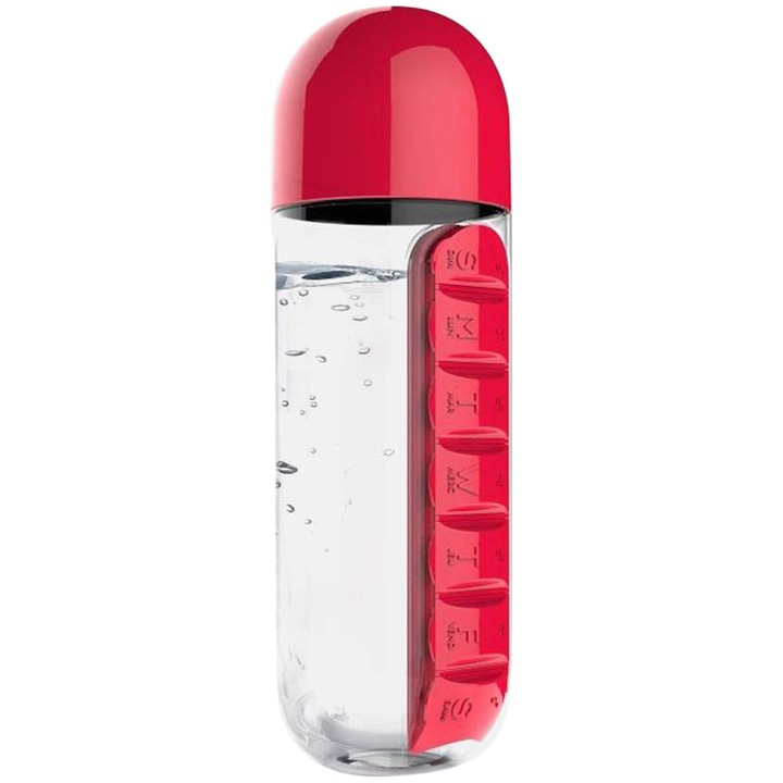 Heti gyógyszeres rendszerező, beépített víztartóval 600ml, műanyag, 7. x 23 cm, Piros
