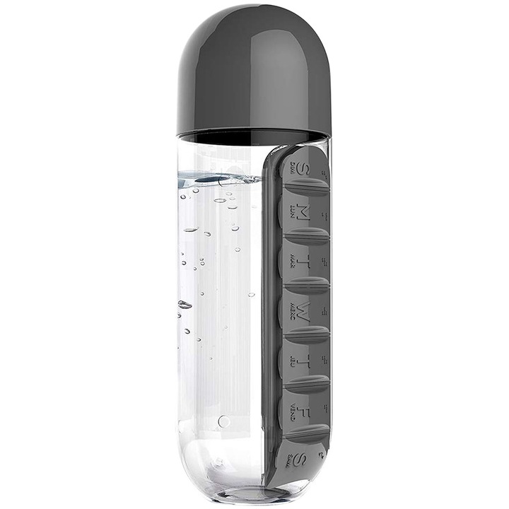 Heti gyógyszeres rendszerező, beépített víztartóval 600ml, műanyag, 7,5x23 cm, szürke