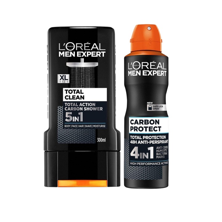 Set 2 Piese L Oreal, Barbati, Gel De Dus 5 in 1 300 ml, Deodorant 48 h 150 ml, Extract Carbon
