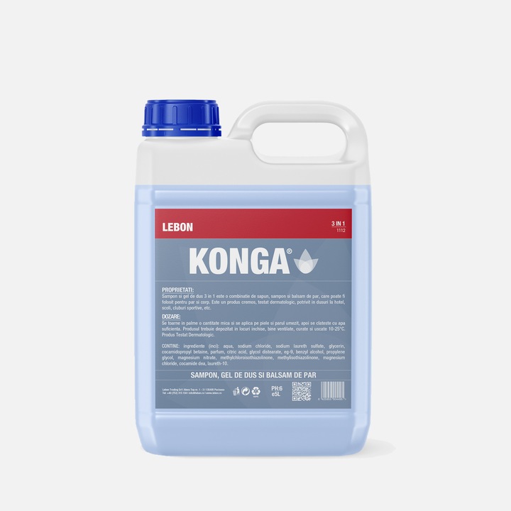 Konga Sampon Gel de Dus Profesional 5L Uz Economic pentru Hoteluri, Pensiuni, Saloane si Institutii, cu Glicerina Hidratanta, Formula Blanda pH Neutru, Testat Dermatologic, Concentrat cu Randament Ridicat, Spuma Bogata, Curatare Eficienta
