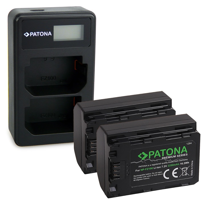 Dupla LCD USB töltőcsomag és 2x Patona Premium NP-FZ100 akkumulátor Sony BC-QZ1 Alpha 9 7RM3 készülékhez