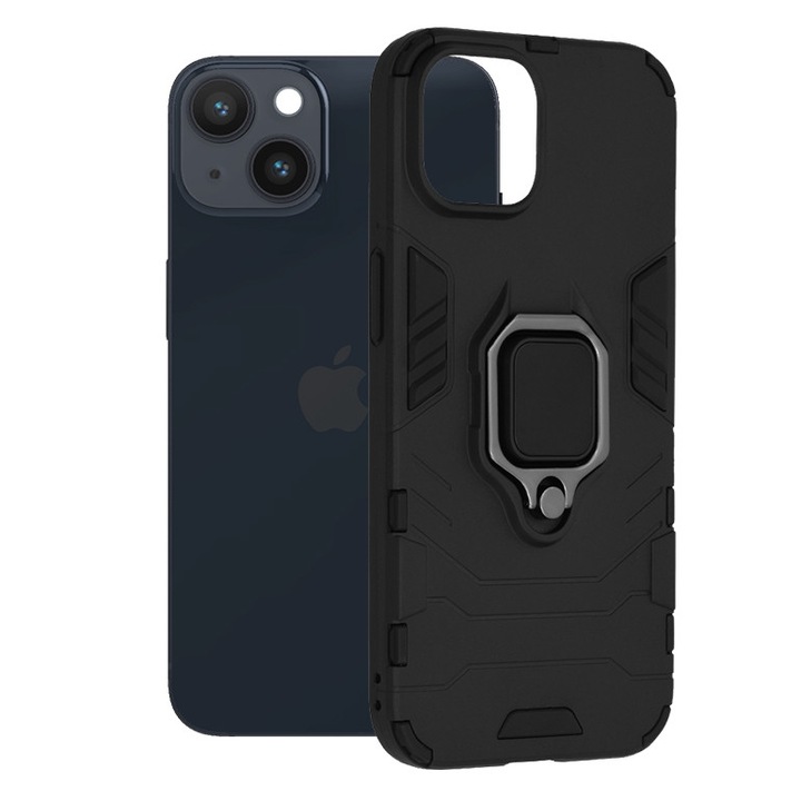AZIAO Armor Ring tok Apple iPhone 14-hez, Army Shield, hibrid szerkezet, 360°-os mágneses tartógyűrű, masszív, tartós tok, titán fekete