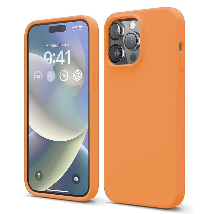 Husa CASEY STUDIOS™ compatibila cu iPhone 14 Pro, Soft Silicone Premium, Microfibra in Interior, Nectarine, de Protectie, Ultra Slim, pentru Incarcare Wireless, Margini Ridicate de Protectia Ecranului si a Camerelor