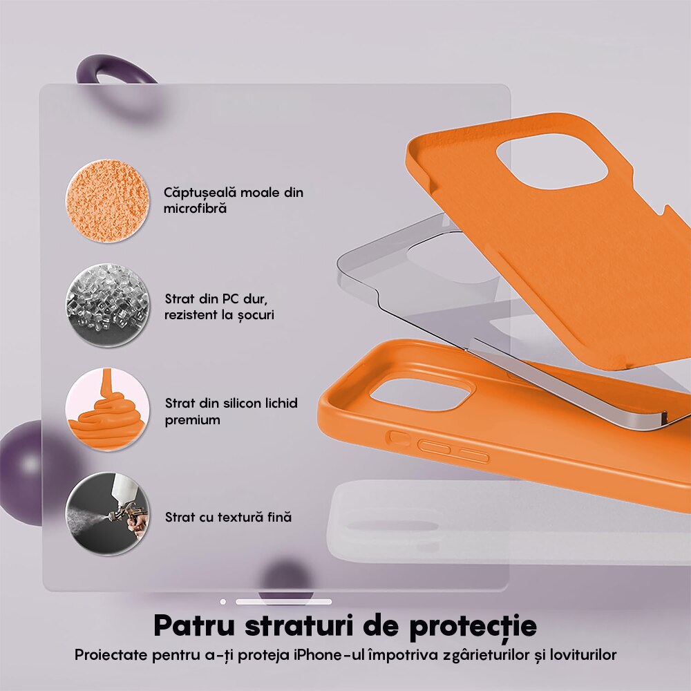 Husa CASEY STUDIOS™ compatibila cu iPhone 14 Pro, Soft Silicone Premium, Microfibra in Interior, Nectarine, de Protectie, Ultra Slim, pentru Incarcare Wireless, Margini Ridicate de Protectia Ecranului si a Camerelor