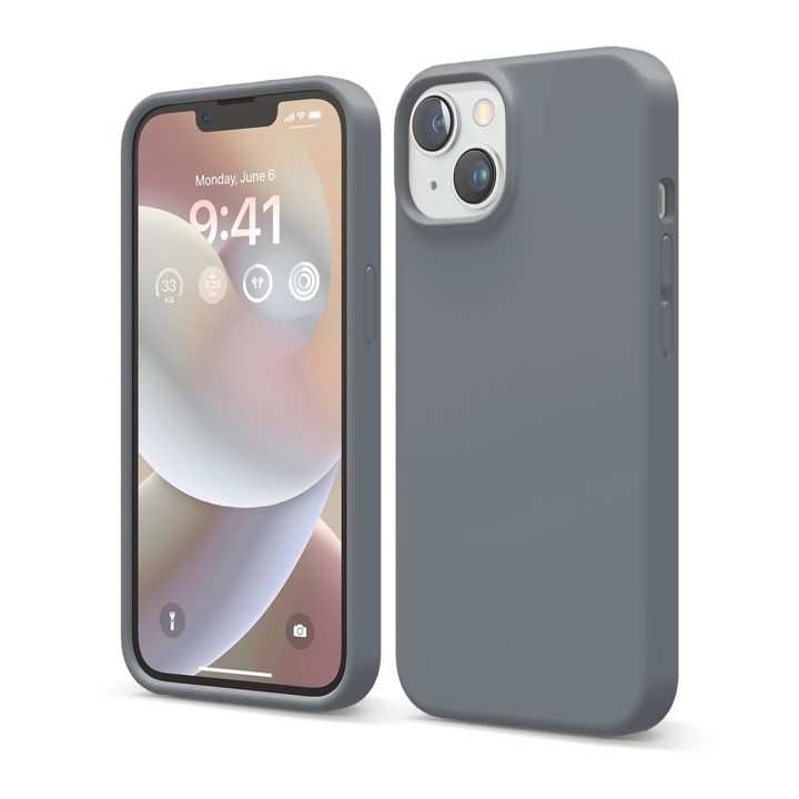 CASEY STUDIOS™ iPhone 14 védőtok, prémium minőségű puha szilikon, belül mikroszálakkal, Sötétszürke, utra vékony, vezeték nélküli töltés, kiemelkedő szélek a képernyő és a kamera védelmének érdekében