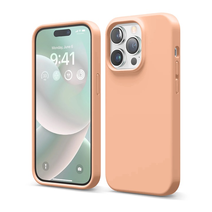 Husa CASEY STUDIOS™ compatibila cu iPhone 14 Pro, Soft Silicone Premium, Microfibra in Interior, Pink Sand, de Protectie, Ultra Slim, pentru Incarcare Wireless, Margini Ridicate de Protectia Ecranului si a Camerelor