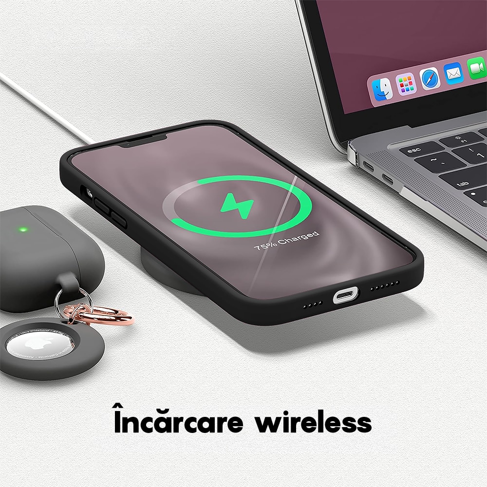 Husa CASEY STUDIOS™ compatibila cu iPhone 14 Plus, Soft Silicone Premium, Microfibra in Interior, Negru, de Protectie, Ultra Slim, pentru Incarcare Wireless, Margini Ridicate de Protectia Ecranului si a Camerelor