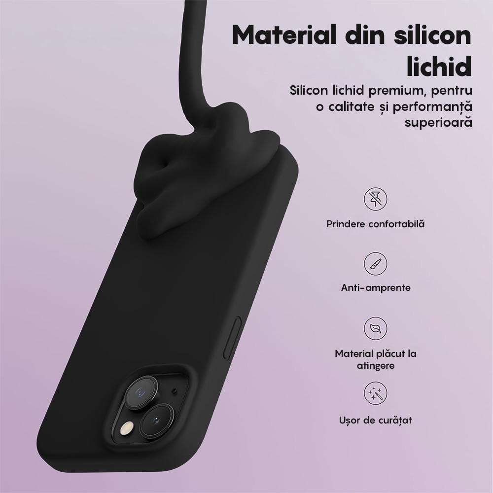 Husa CASEY STUDIOS™ compatibila cu iPhone 14 Plus, Soft Silicone Premium, Microfibra in Interior, Negru, de Protectie, Ultra Slim, pentru Incarcare Wireless, Margini Ridicate de Protectia Ecranului si a Camerelor