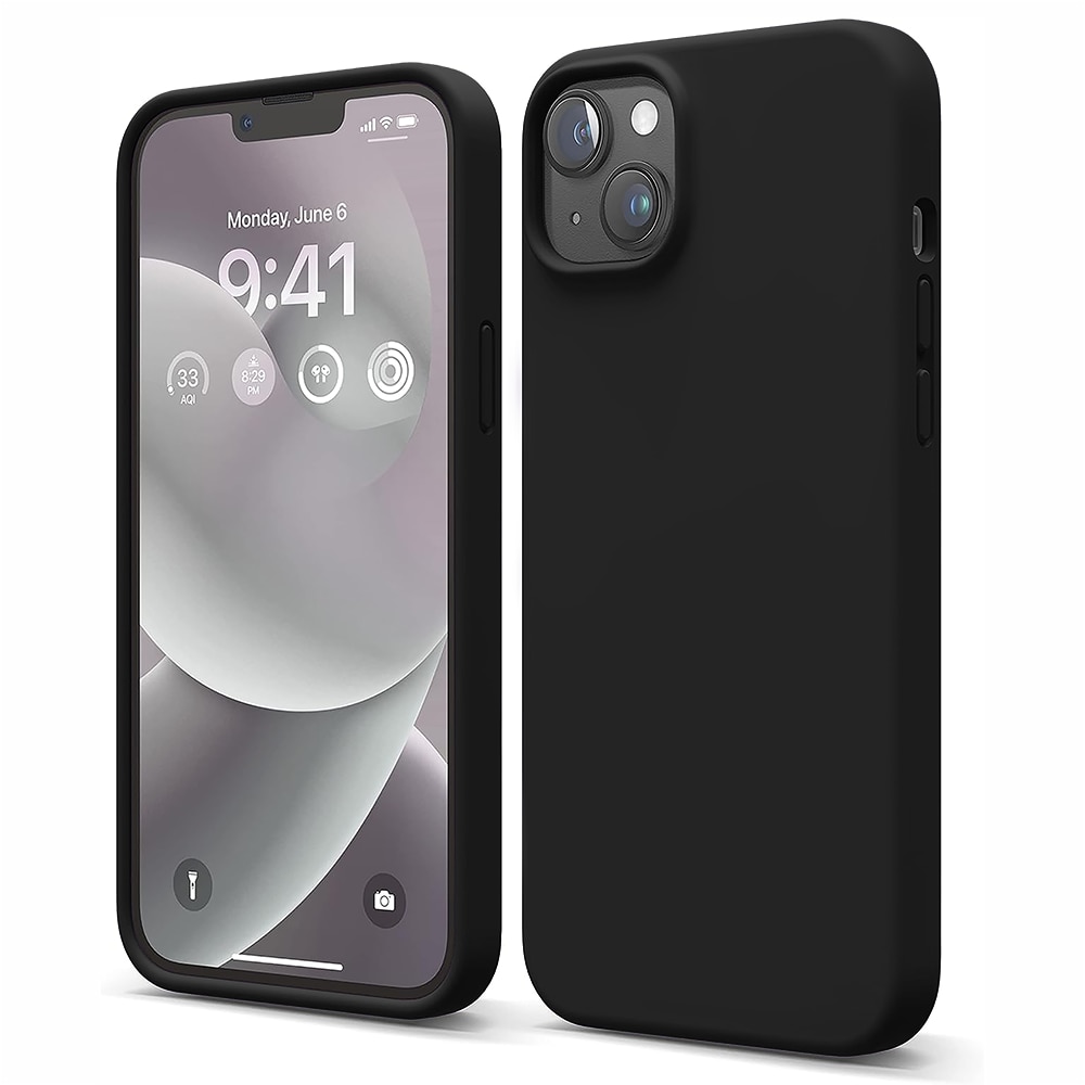 Husa CASEY STUDIOS™ compatibila cu iPhone 14 Plus, Soft Silicone Premium, Microfibra in Interior, Negru, de Protectie, Ultra Slim, pentru Incarcare Wireless, Margini Ridicate de Protectia Ecranului si a Camerelor