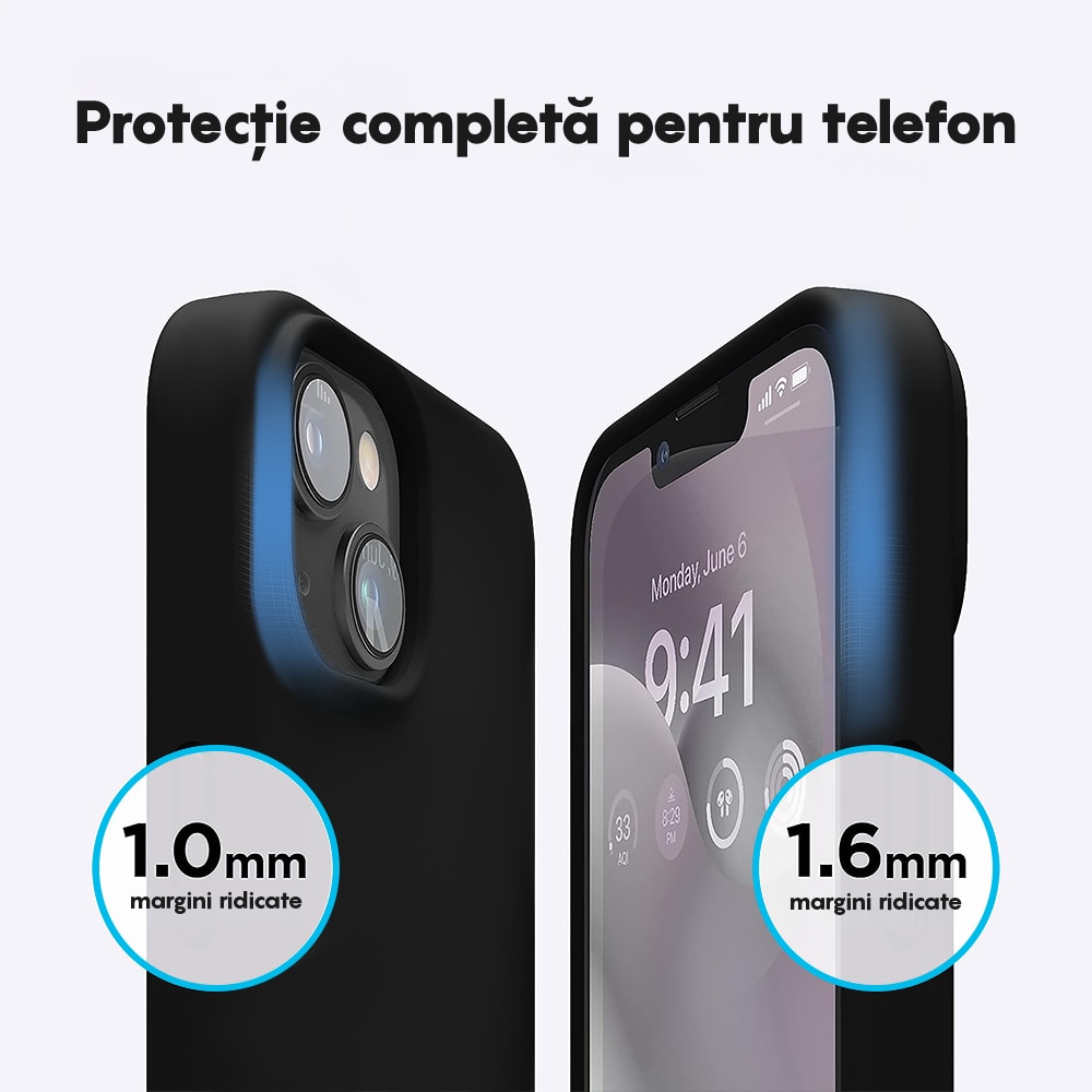 Husa CASEY STUDIOS™ compatibila cu iPhone 14 Plus, Soft Silicone Premium, Microfibra in Interior, Negru, de Protectie, Ultra Slim, pentru Incarcare Wireless, Margini Ridicate de Protectia Ecranului si a Camerelor