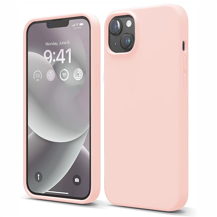 Husa CASEY STUDIOS™ compatibila cu iPhone 13, Soft Silicone Premium, Microfibra in Interior, Pink Sand, de Protectie, Ultra Slim, pentru Incarcare Wireless, Margini Ridicate de Protectia Ecranului si a Camerelor