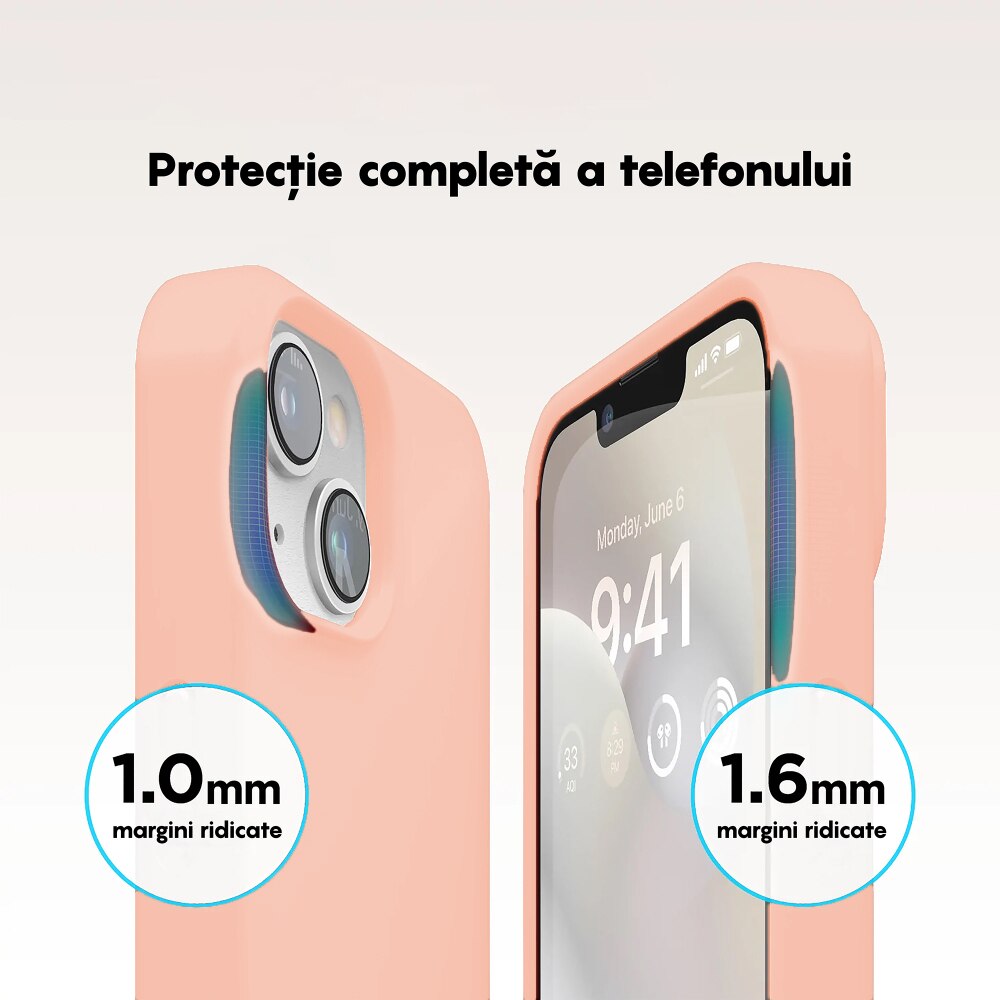 Husa CASEY STUDIOS™ compatibila cu iPhone 14, Soft Silicone Premium, Microfibra in Interior, Pink Sand, de Protectie, Ultra Slim, pentru Incarcare Wireless, Margini Ridicate de Protectia Ecranului si a Camerelor