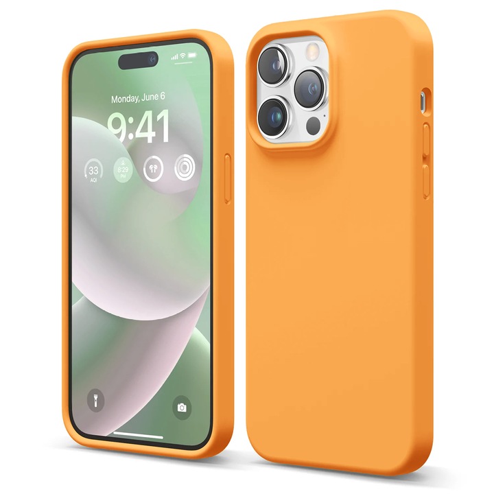 Husa CASEY STUDIOS™ compatibila cu iPhone 14 Pro Max, Soft Silicone Premium, Microfibra in Interior, Nectarine, de Protectie, Ultra Slim, pentru Incarcare Wireless, Margini Ridicate de Protectia Ecranului si a Camerelor