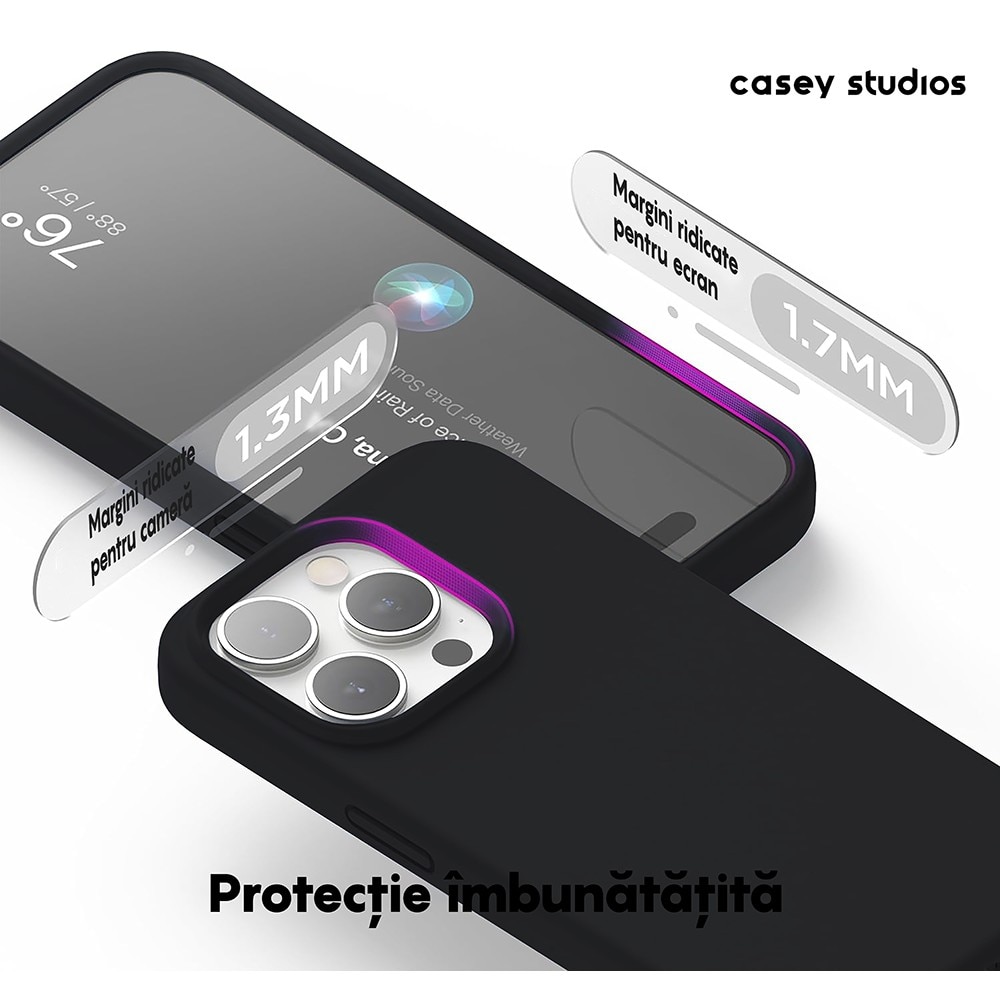 Husa CASEY STUDIOS™ pentru Apple iPhone 15 Pro, Soft Silicone Premium, Microfibra in Interior, Negru, de Protectie, Ultra Slim, pentru Incarcare Wireless, Margini Ridicate pentru Protectia Ecranului si a Camerelor