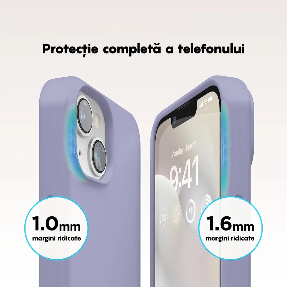 Husa CASEY STUDIOS™ compatibila cu iPhone 14, Soft Silicone Premium, Microfibra in Interior, Light Lilac, de Protectie, Ultra Slim, pentru Incarcare Wireless, Margini Ridicate de Protectia Ecranului si a Camerelor