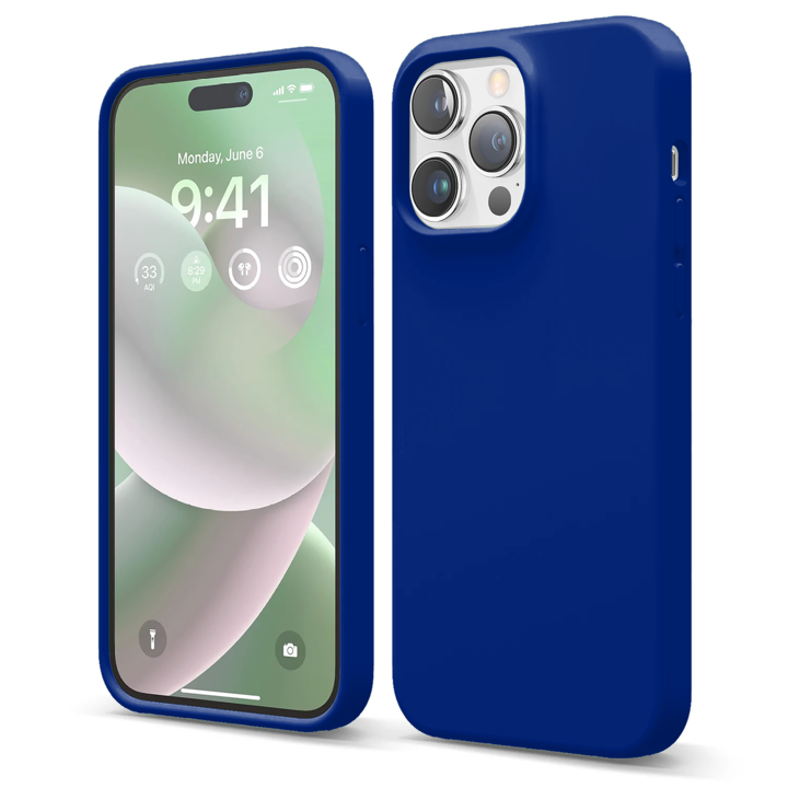 CASEY STUDIOS™ tok iPhone 14 Pro Max készülékhez, prémium puha szilikon, 30+ szín, mikroszálas belső, sötétkék, védő, ultravékony, vezeték nélküli töltéshez, megemelt élek a képernyő és a kamera védelméhez