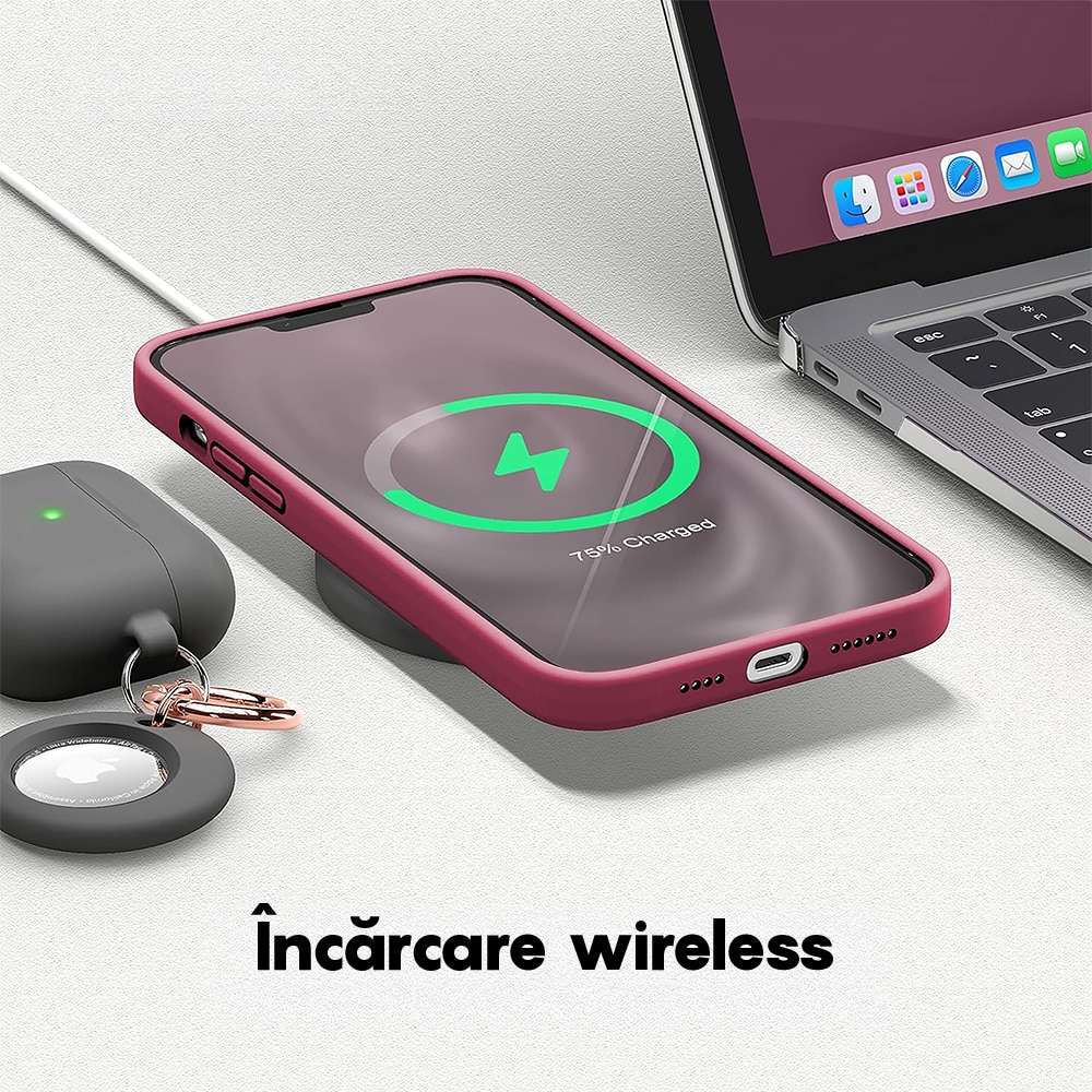 Husa CASEY STUDIOS™ compatibila cu iPhone 14, Soft Silicone Premium, Microfibra in Interior, Burgundy, de Protectie, pentru Incarcare Wireless, Margini Ridicate de Protectia Ecranului si a Camerelor
