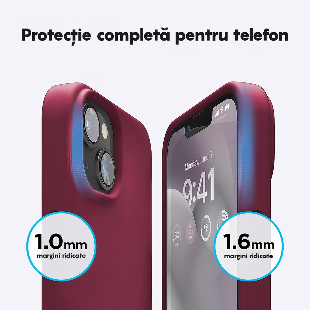 Husa CASEY STUDIOS™ compatibila cu iPhone 14, Soft Silicone Premium, Microfibra in Interior, Burgundy, de Protectie, pentru Incarcare Wireless, Margini Ridicate de Protectia Ecranului si a Camerelor