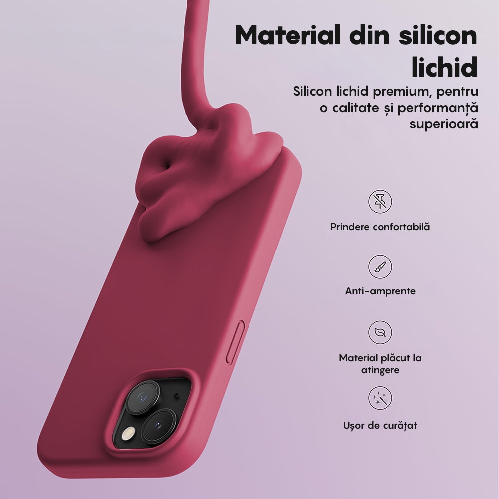 Husa CASEY STUDIOS™ compatibila cu iPhone 14, Soft Silicone Premium, Microfibra in Interior, Burgundy, de Protectie, pentru Incarcare Wireless, Margini Ridicate de Protectia Ecranului si a Camerelor