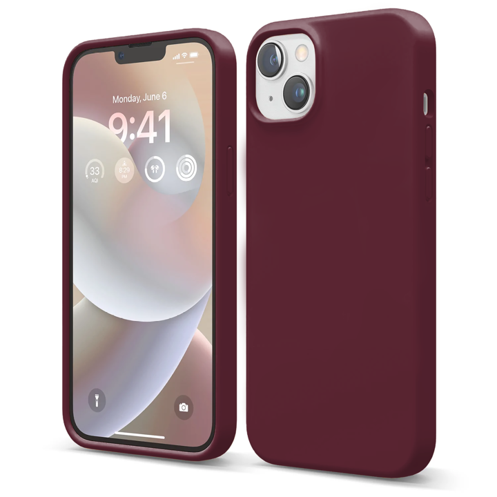 CASEY STUDIOS™ iPhone 14 Plus védőtok, prémium minőségű puha szilikon, belül mikroszálakkal, Burgundi, utra vékony, vezeték nélküli töltés, kiemelkedő szélek a képernyő és a kamera védelmének érdekében